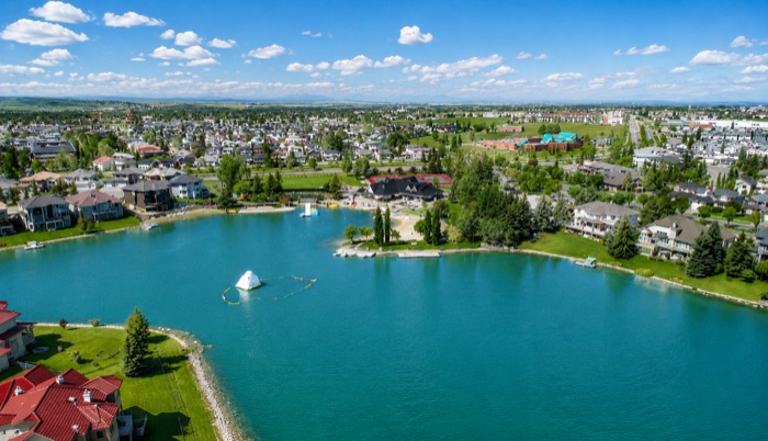 Arbour Lake with Rocky Mountain views in northwest Calgary