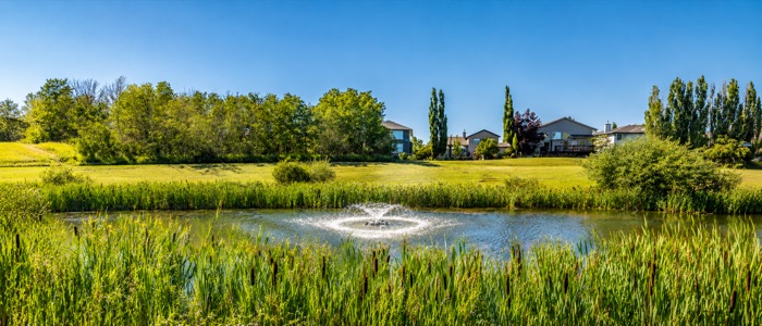Aspen Woods pond and fountain with estate homes beyond