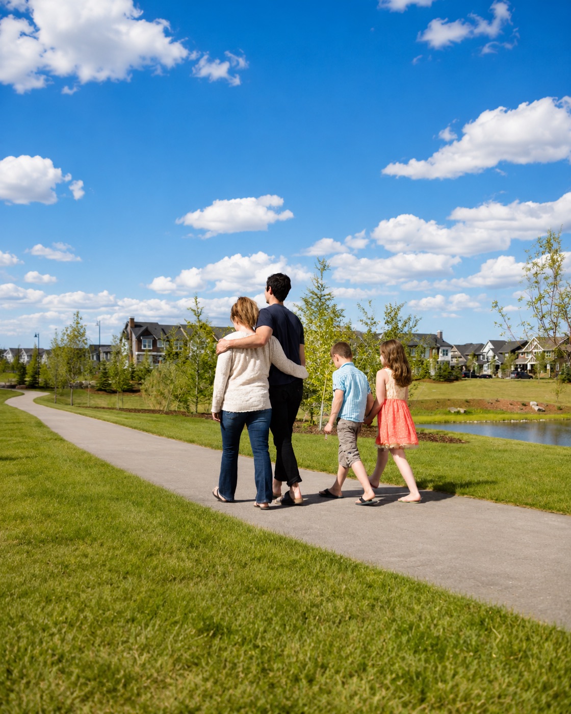 Family of four walking a community pathway beside a pond in a Calgary family neighbourhood