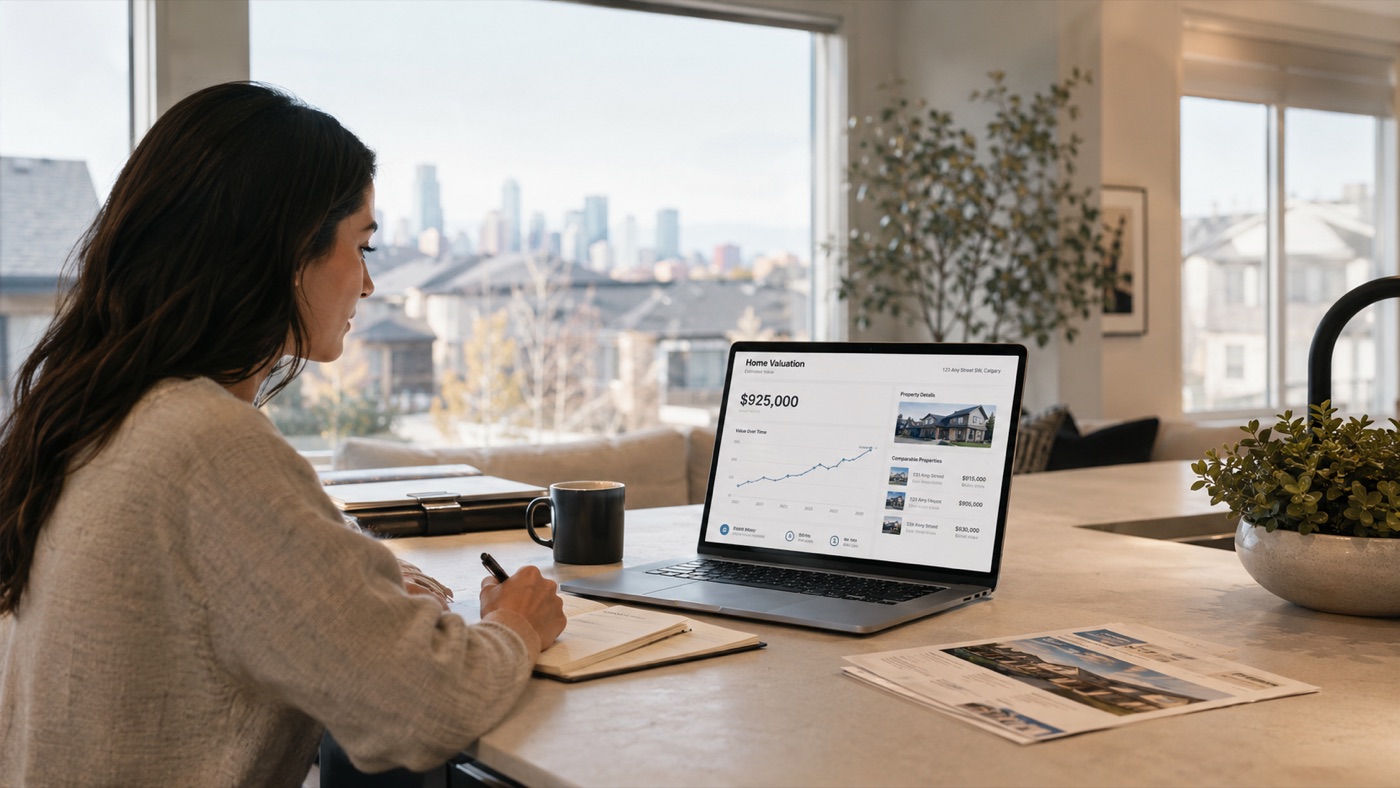 Calgary homeowner reviewing an instant online home valuation report at her kitchen counter, with the downtown Calgary skyline through the window