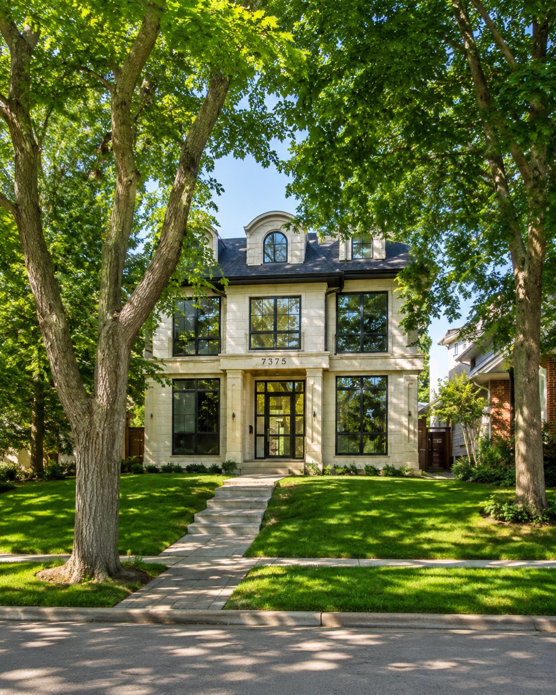 Stately limestone luxury home framed by mature trees on an established Calgary street