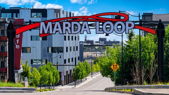 Marda Loop shops and patios along 33rd Avenue