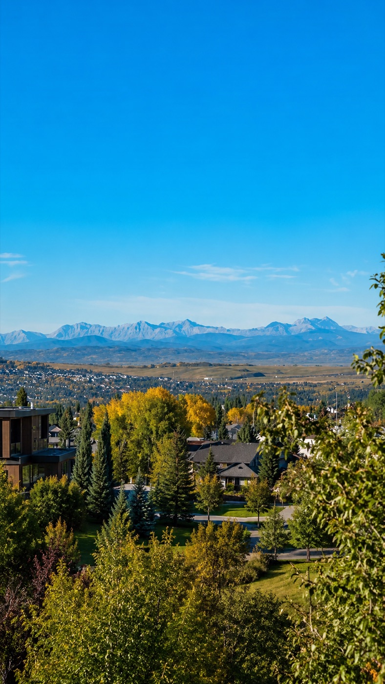 Northwest Calgary family homes with snow-capped Rocky Mountain peaks across the horizon