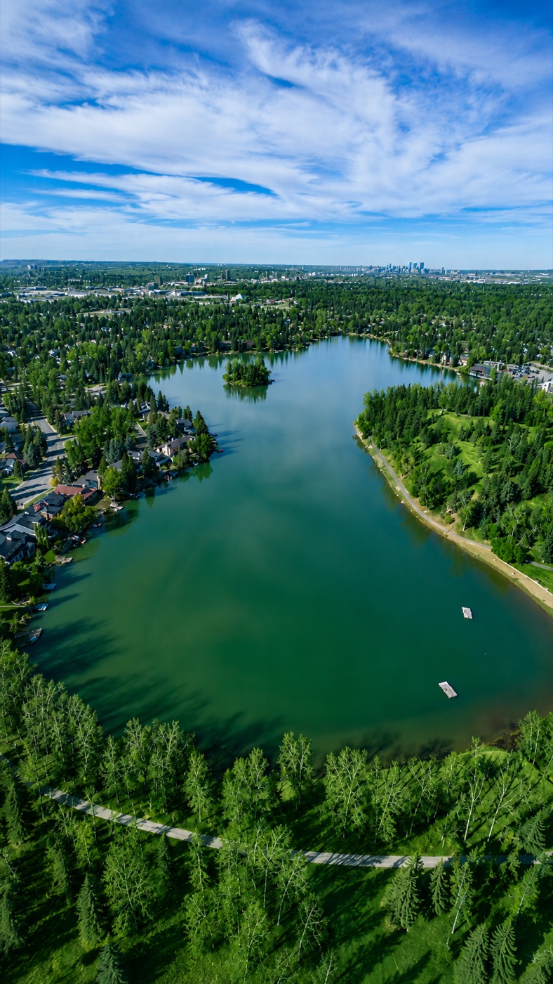 Aerial view of a Calgary lake community at sunset — beach, dock, and family homes wrapped around the water