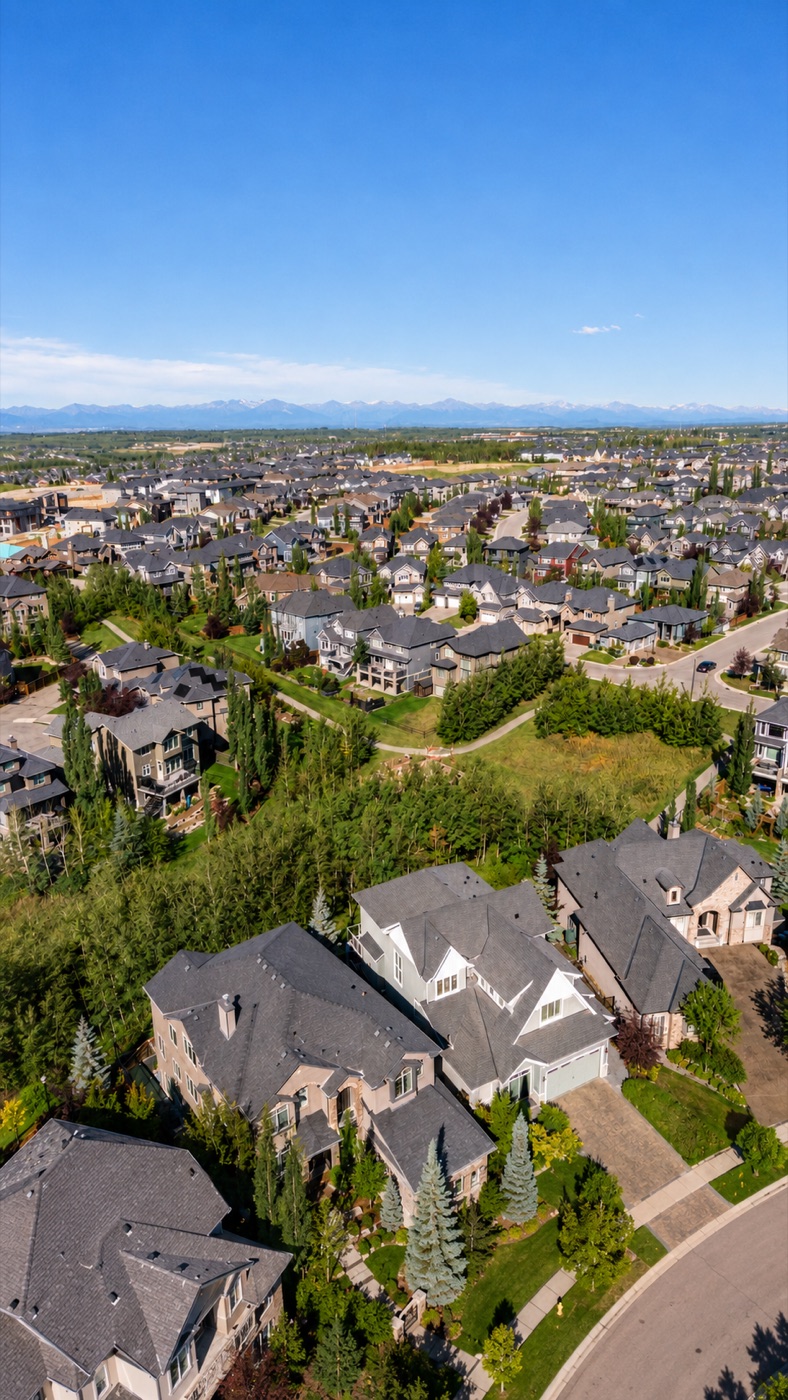 Aerial view of west Calgary estate homes and green space with the Rocky Mountains on the horizon