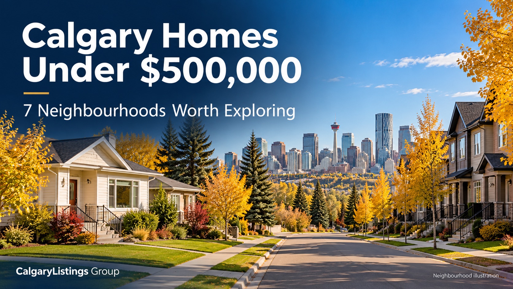 Calgary homes under $500,000: seven neighbourhoods worth exploring, with a street of homes and the downtown skyline