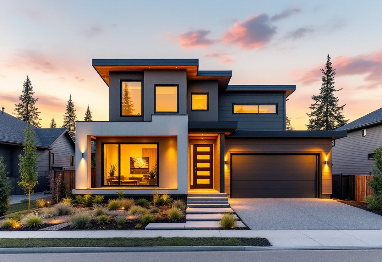 Contemporary new home with flat-panel garage door and modern landscaping at sunset