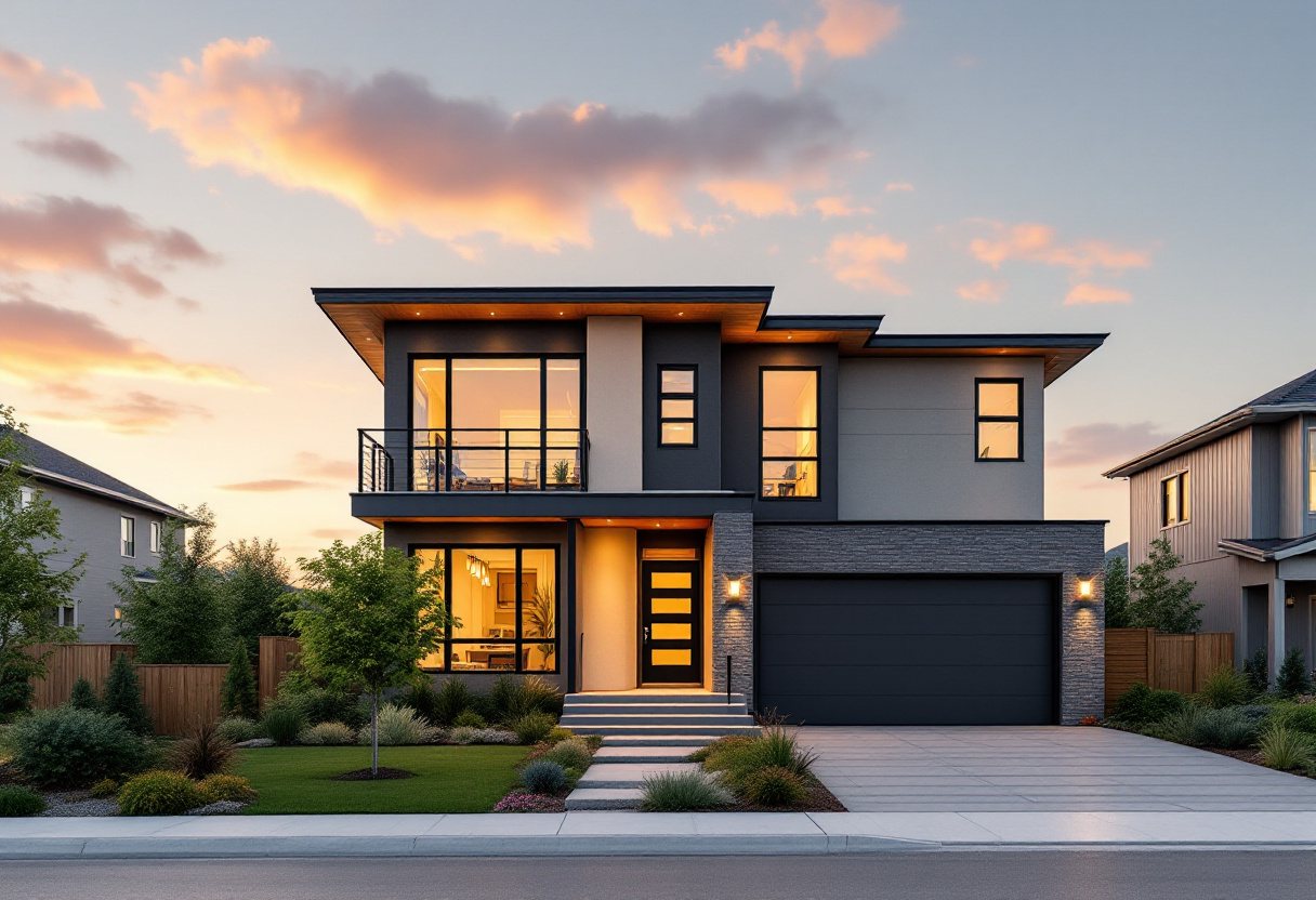 Modern two-storey new build with a front garage and landscaped yard at dusk
