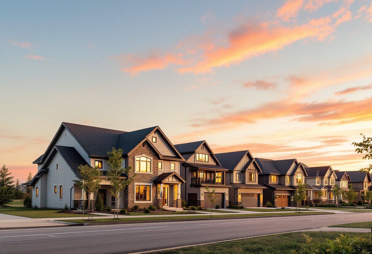 Street of newly built two-storey homes in a new suburban community