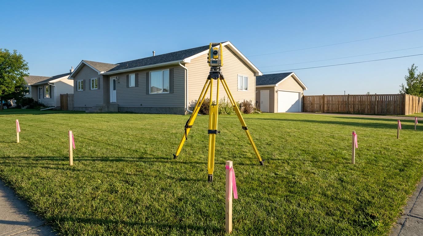 Licensed Alberta Land Surveyor measuring a Calgary residential property for a Real Property Report