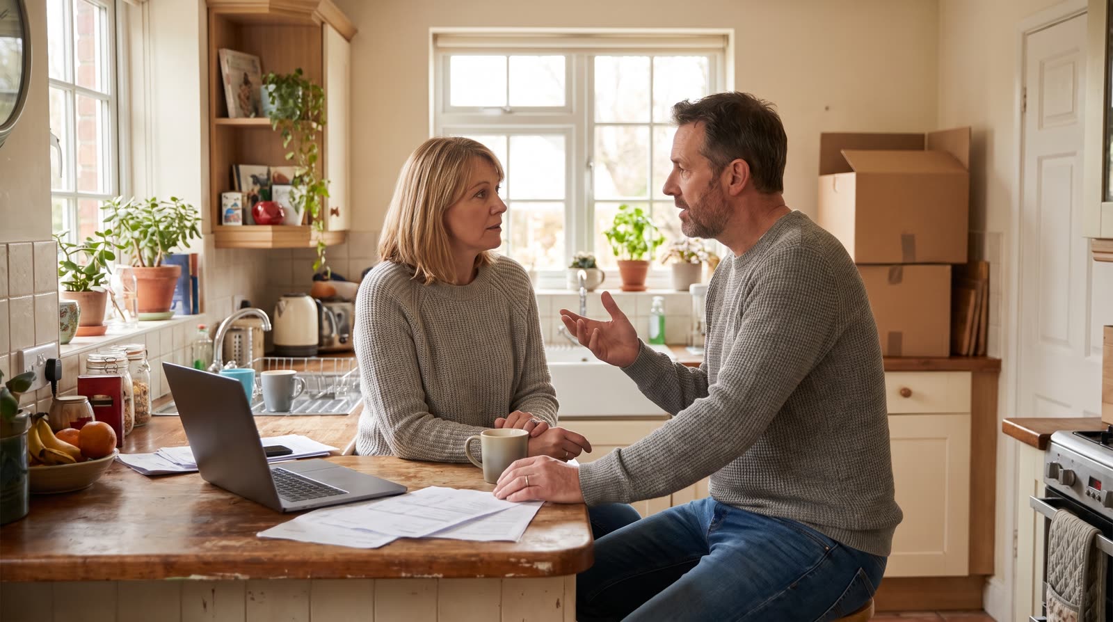 A couple talking through whether to buy or sell first, packing boxes in their kitchen