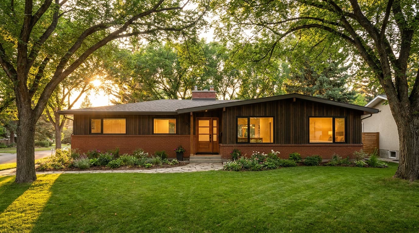 Inner-city Calgary bungalow with wood siding and warmly lit windows, framed by mature elm trees at golden hour