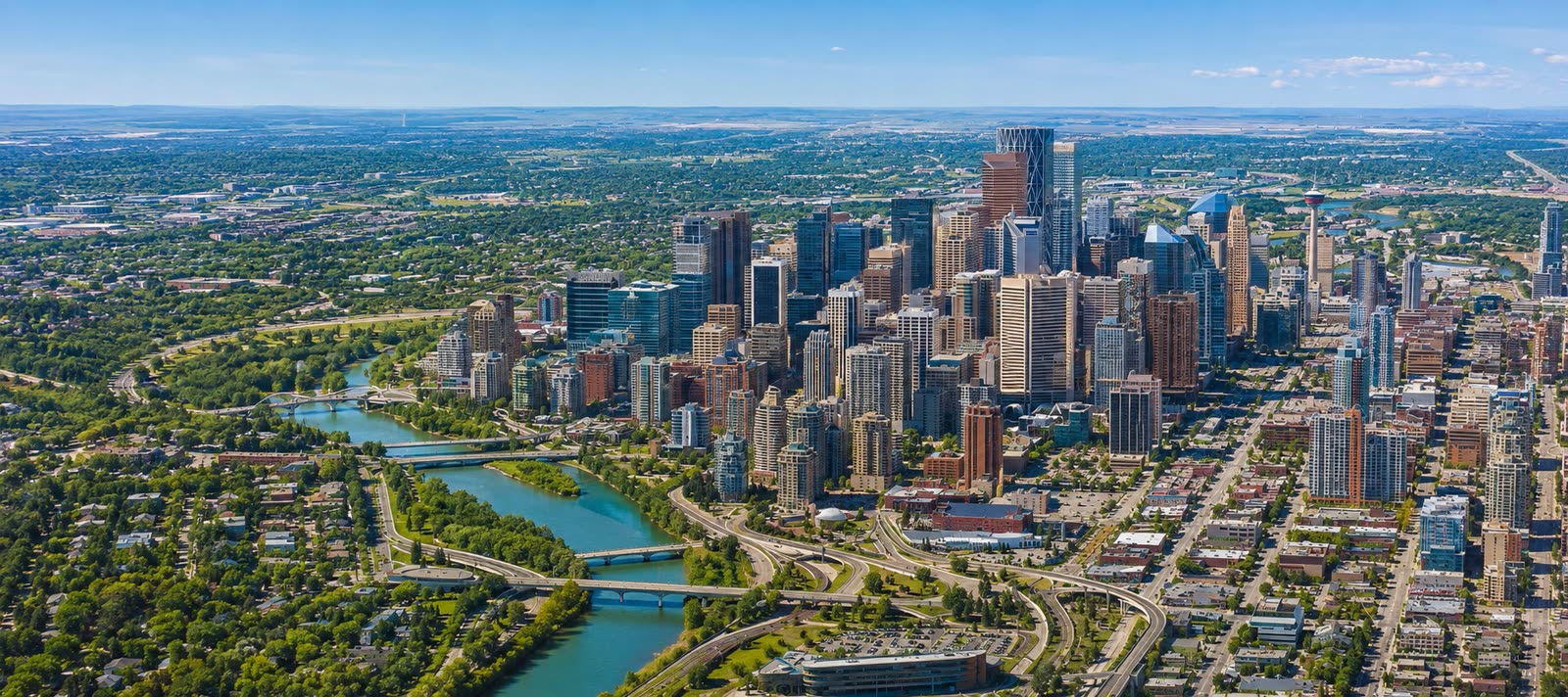 Aerial view of downtown Calgary, the Bow River and Prince's Island Park