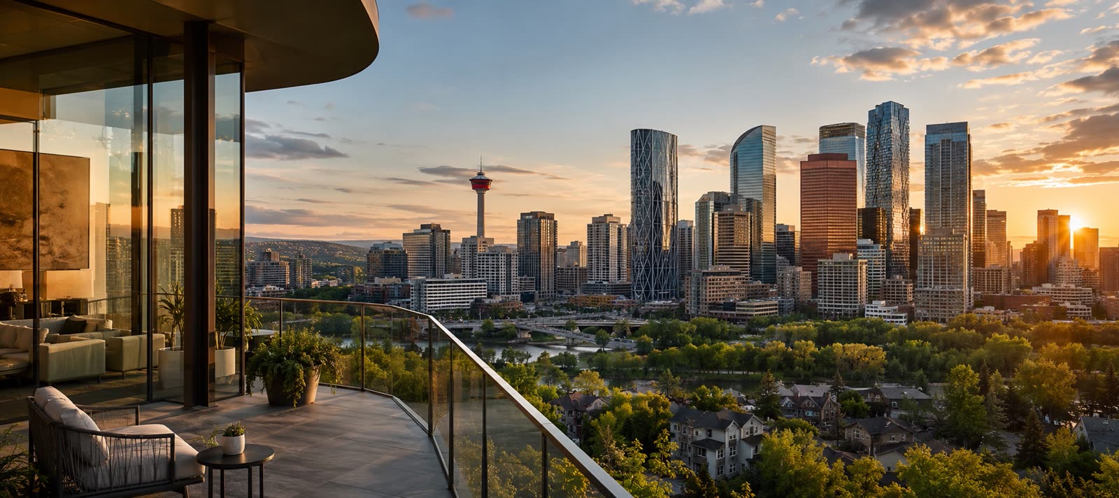 Penthouse terrace overlooking the downtown Calgary skyline and the Bow River at sunset, with the Calgary Tower in view
