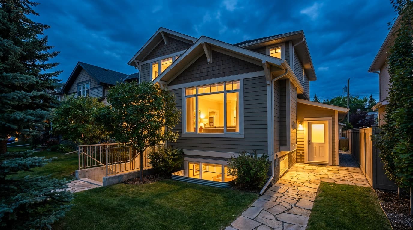 Calgary home with a separate side entrance to a basement suite, windows lit at dusk