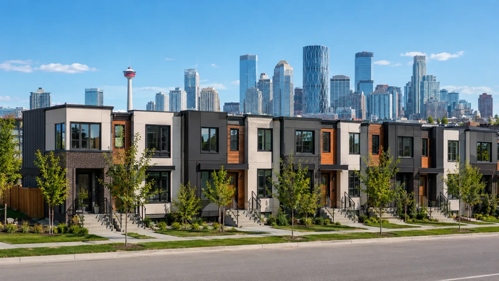 A row of modern three-storey Calgary townhomes with the downtown skyline and Calgary Tower behind them