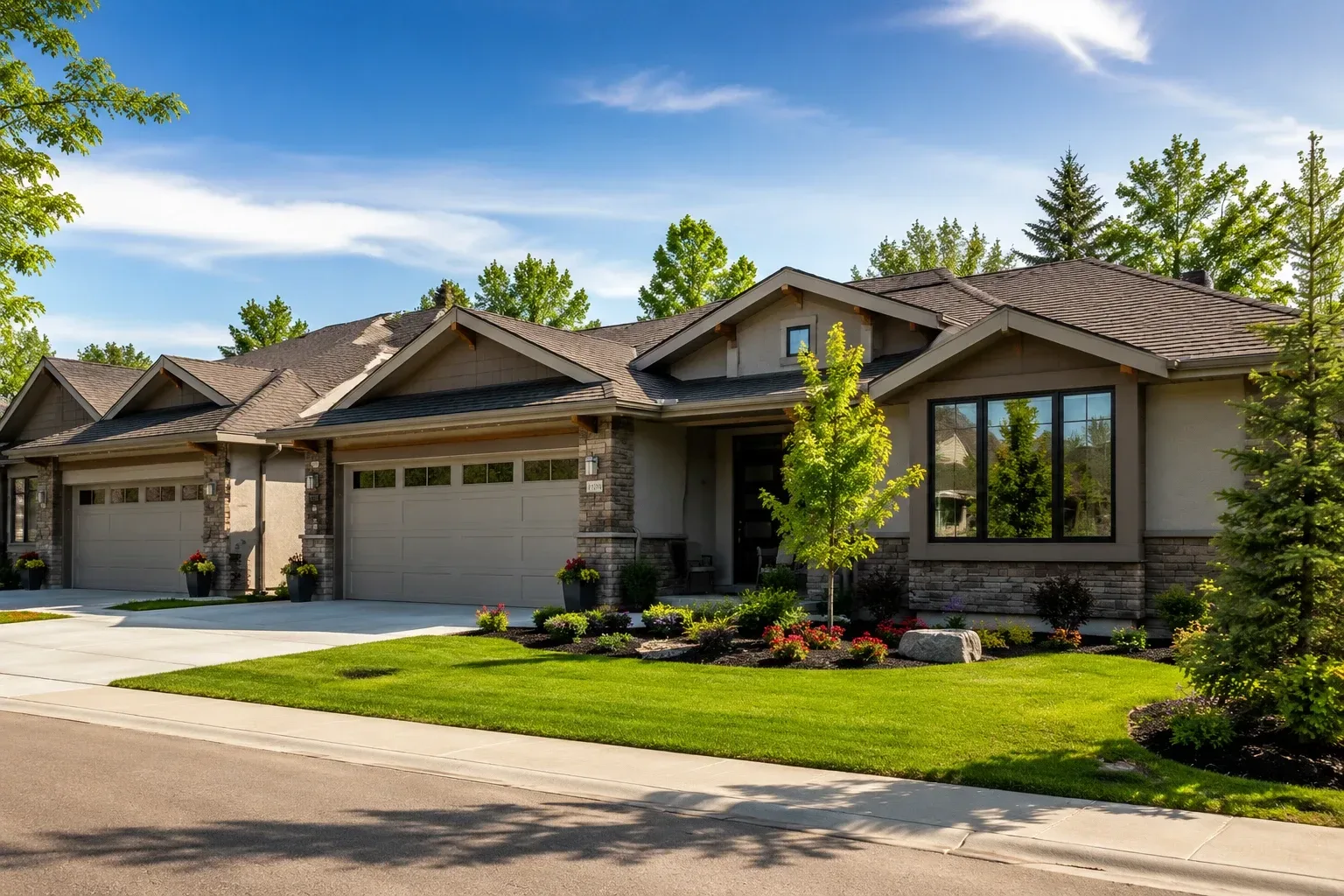 Villa-style bungalows with attached double garages and landscaped front lawns in a Calgary community