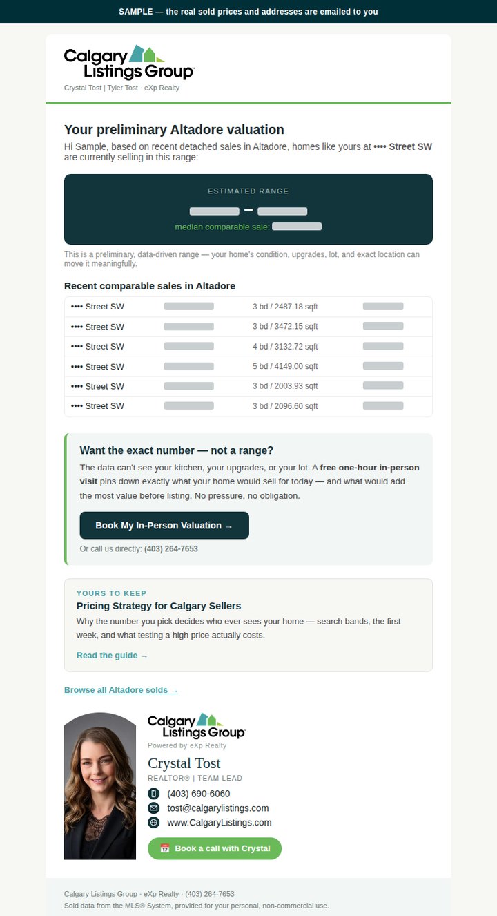 Sample of the emailed home value report, with sold prices and addresses redacted