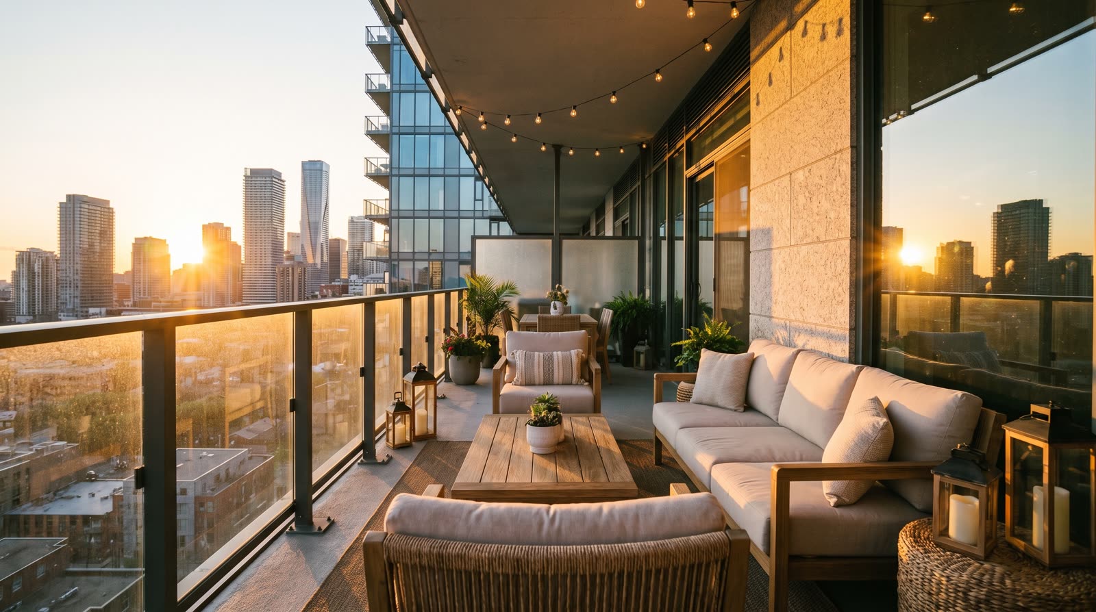 A modern Calgary condo balcony overlooking the skyline at golden hour