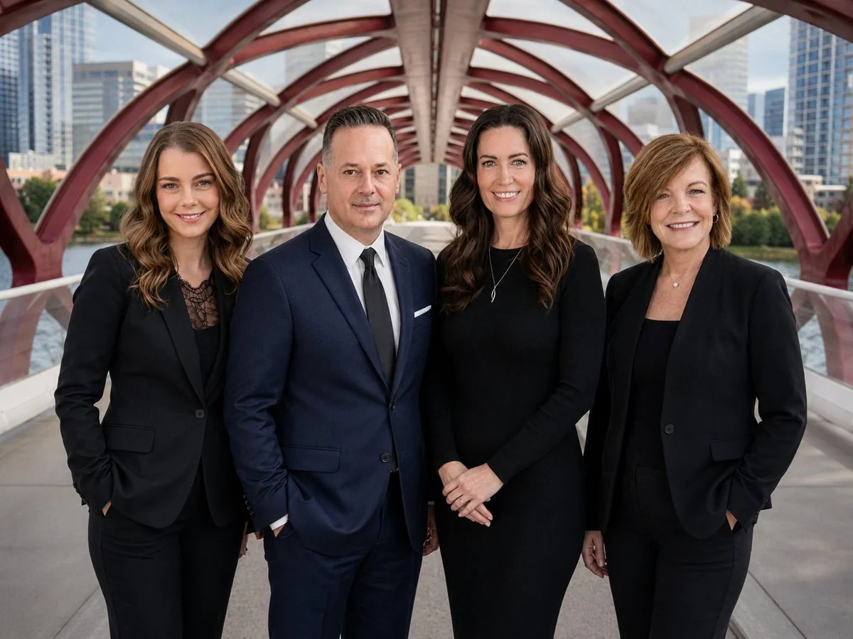 CalgaryListings Group Calgary REALTOR® team — Crystal Tost, Tyler Tost, Kelly Fraser, Heather Gardiner Doetzel on the Peace Bridge Calgary