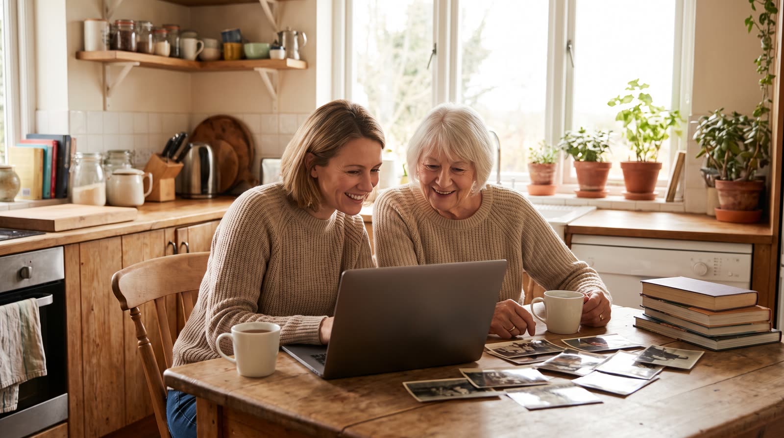 An adult daughter and her mother looking through photographs together at the kitchen table