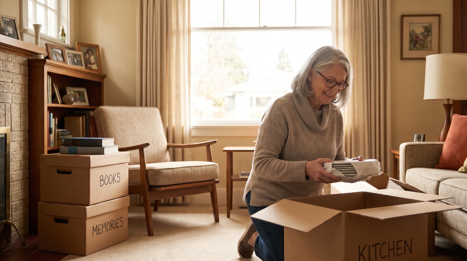 A homeowner sorting belongings while preparing a longtime family home for downsizing