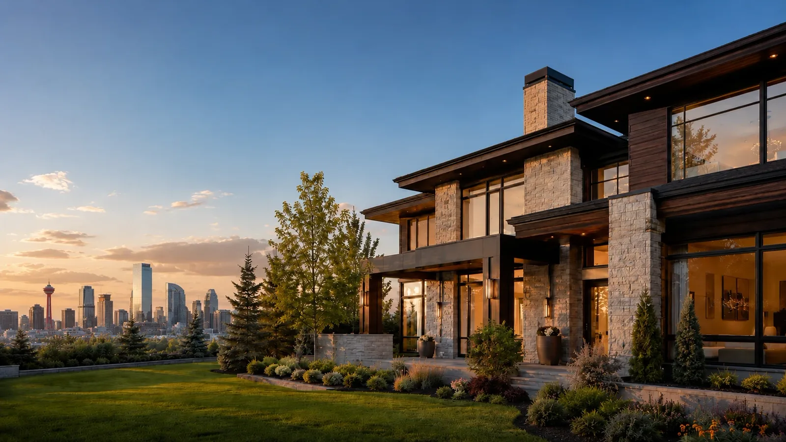 West Calgary luxury home in stone and timber, lit at sunset, with the downtown Calgary skyline on the horizon