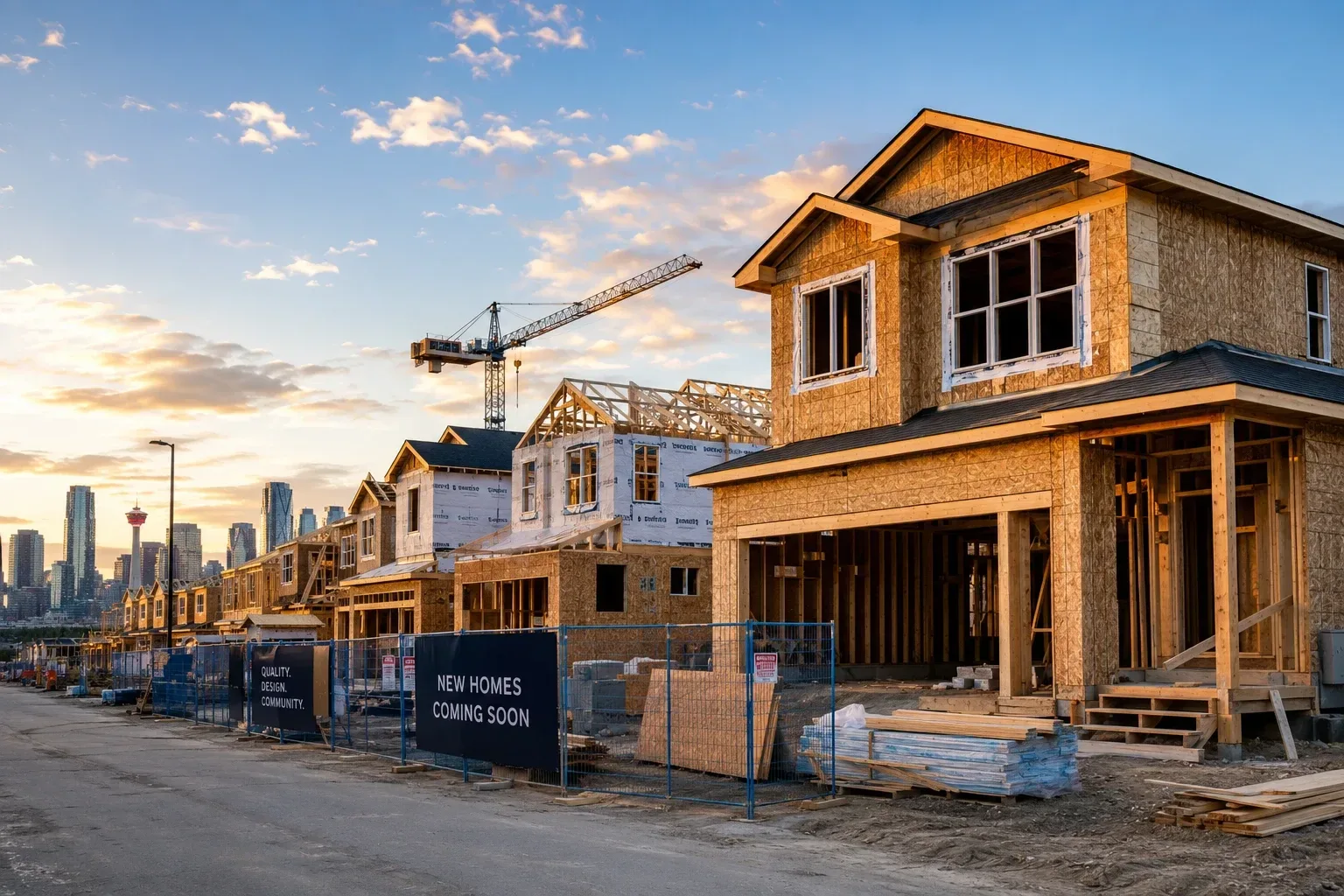 New Calgary homes under construction at sunset, wood framing and a crane behind a new homes coming soon sign