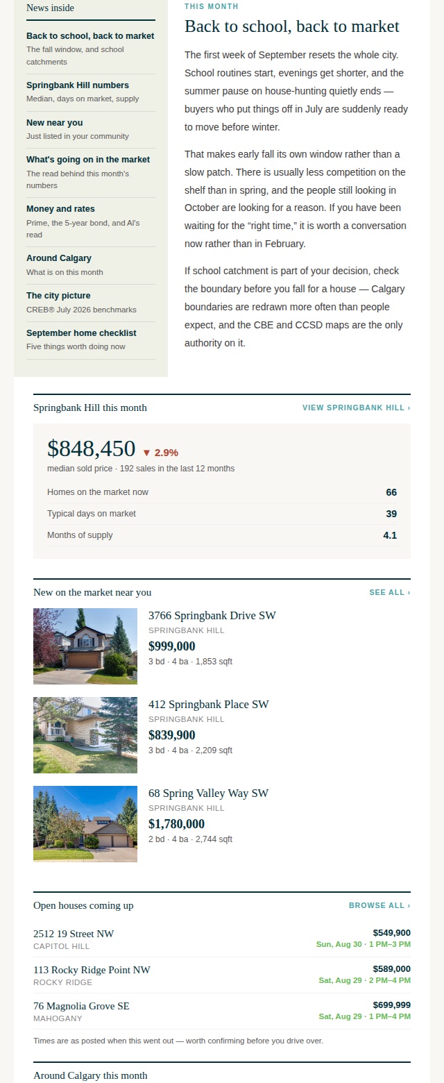 The September 2026 Calgary Housing Brief: masthead, an autumn photograph of a
     Calgary street, a contents rail, and the opening article headed Back to school,
     back to market.