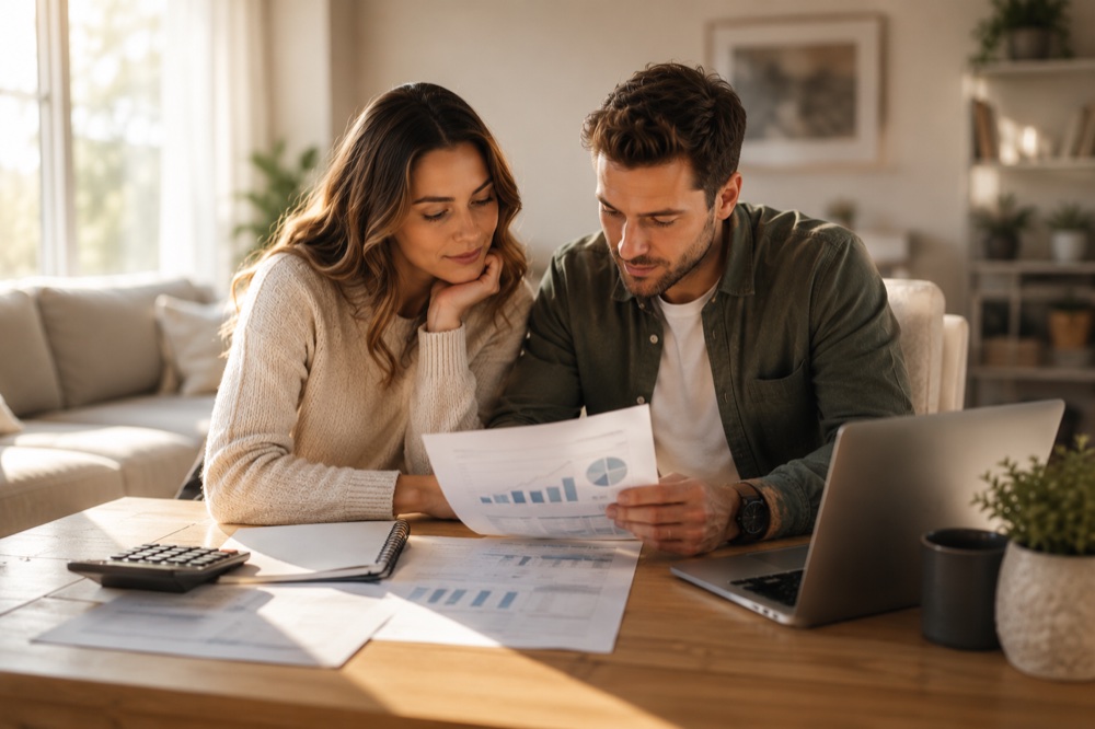 A couple reviewing their finances and mortgage paperwork at home