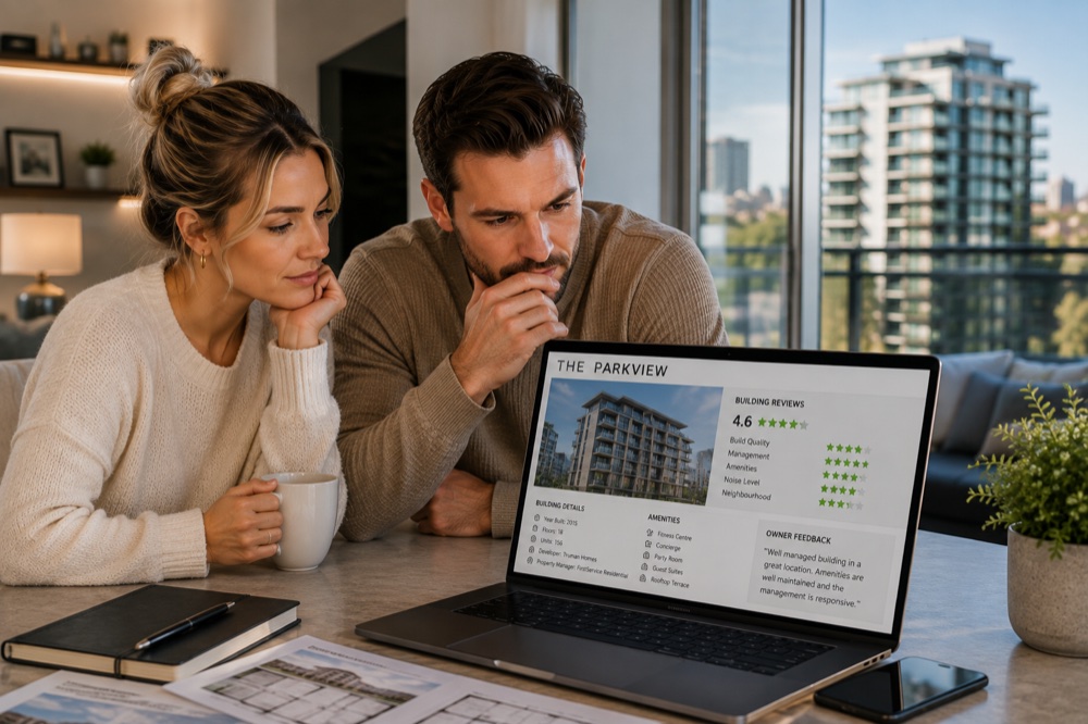 A condo building profile showing amenities and owner feedback