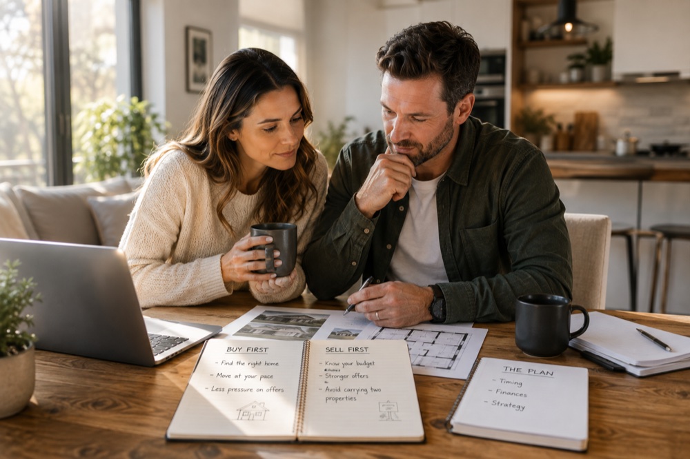 A notebook comparing buying first against selling first