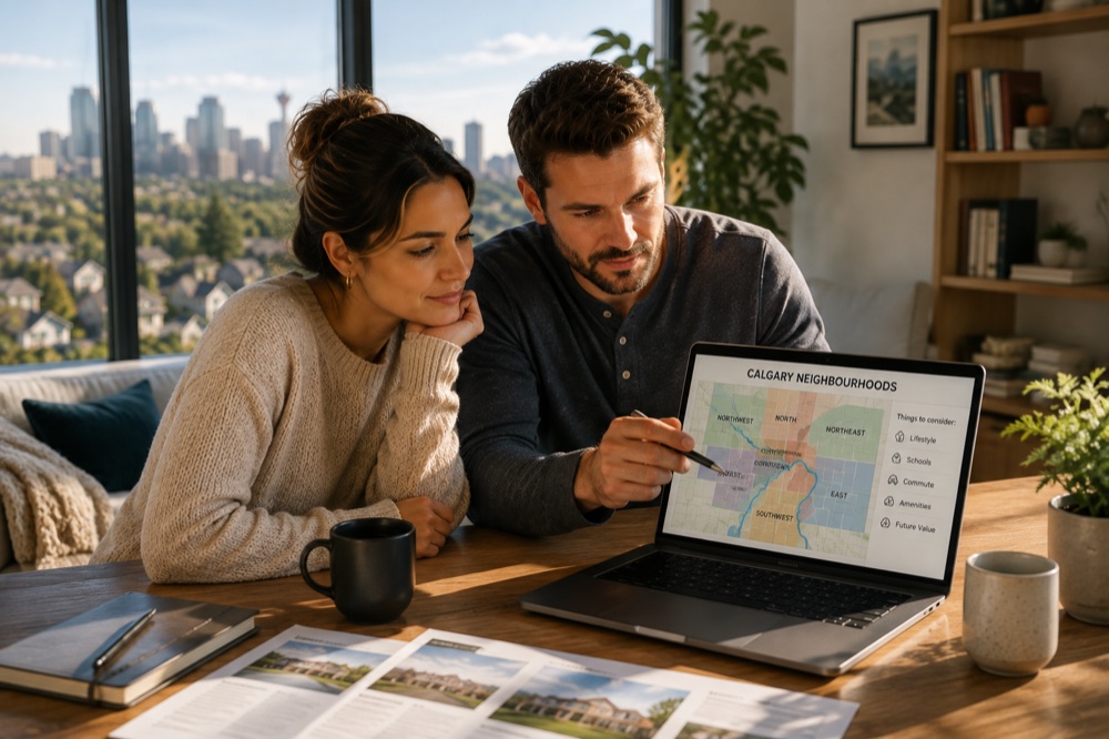 A map of Calgary neighbourhoods being compared on a laptop
