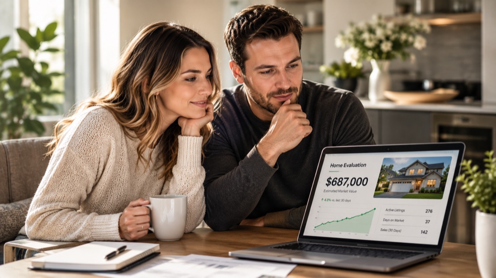 A home evaluation on a laptop showing an estimated market value