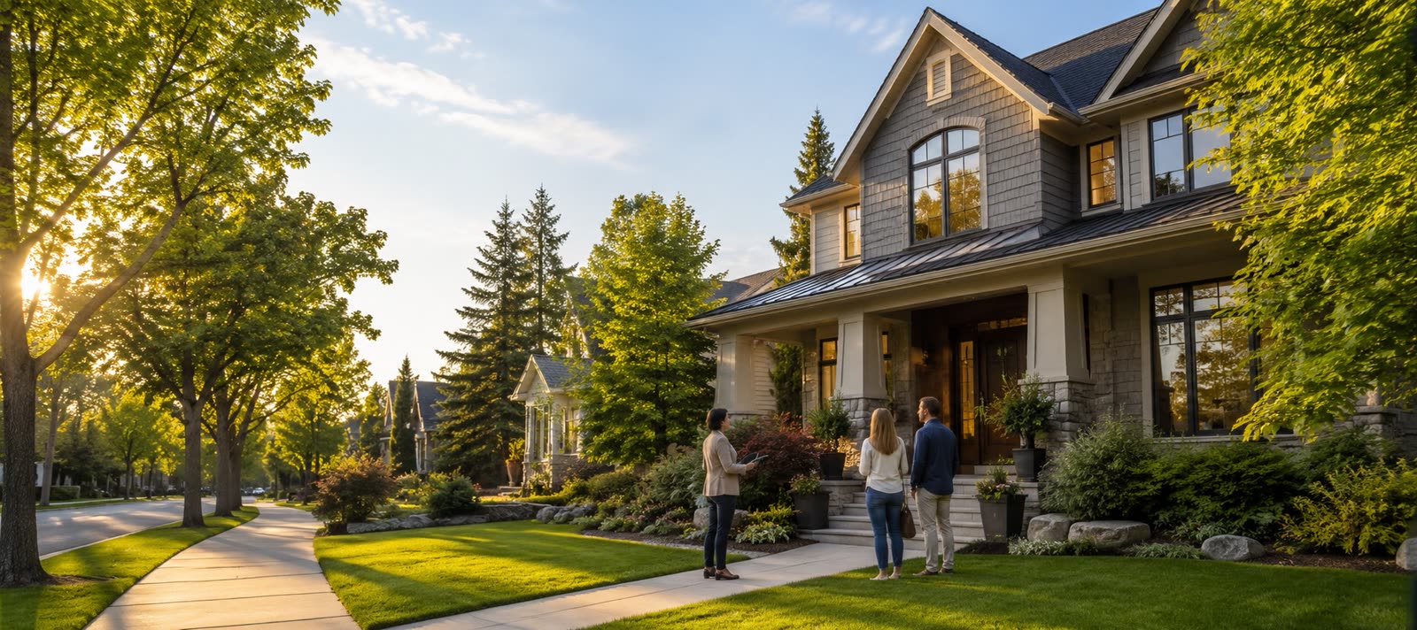 A couple meeting their REALTOR&reg; outside a two-storey Calgary home on a tree-lined street at golden hour