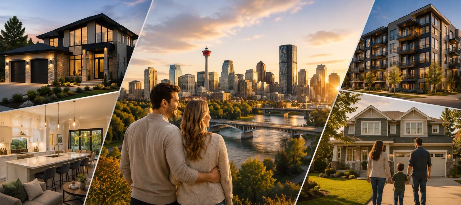 Calgary real estate collage: a luxury home, a modern kitchen, a couple overlooking the downtown skyline, a condo building and a family outside their home